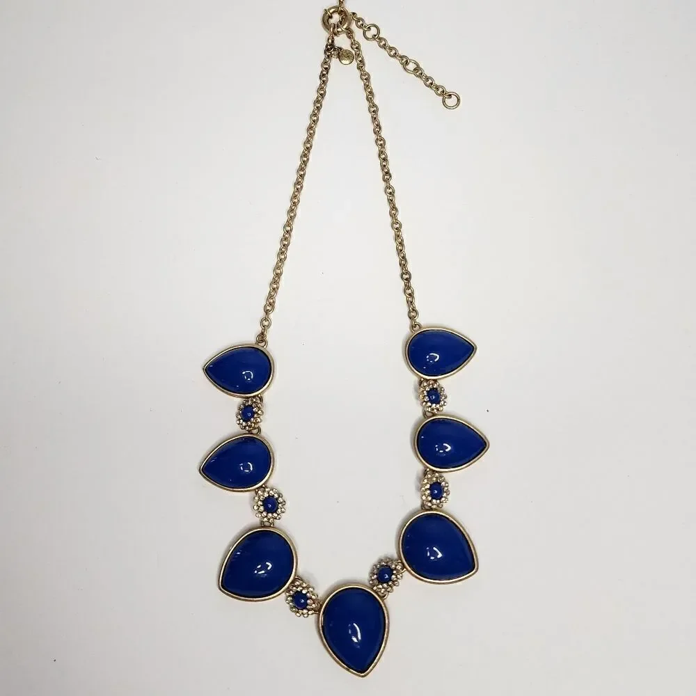 J Crew Multicolor cabochon Rhinestone Statement Necklace blue teardrop XA24